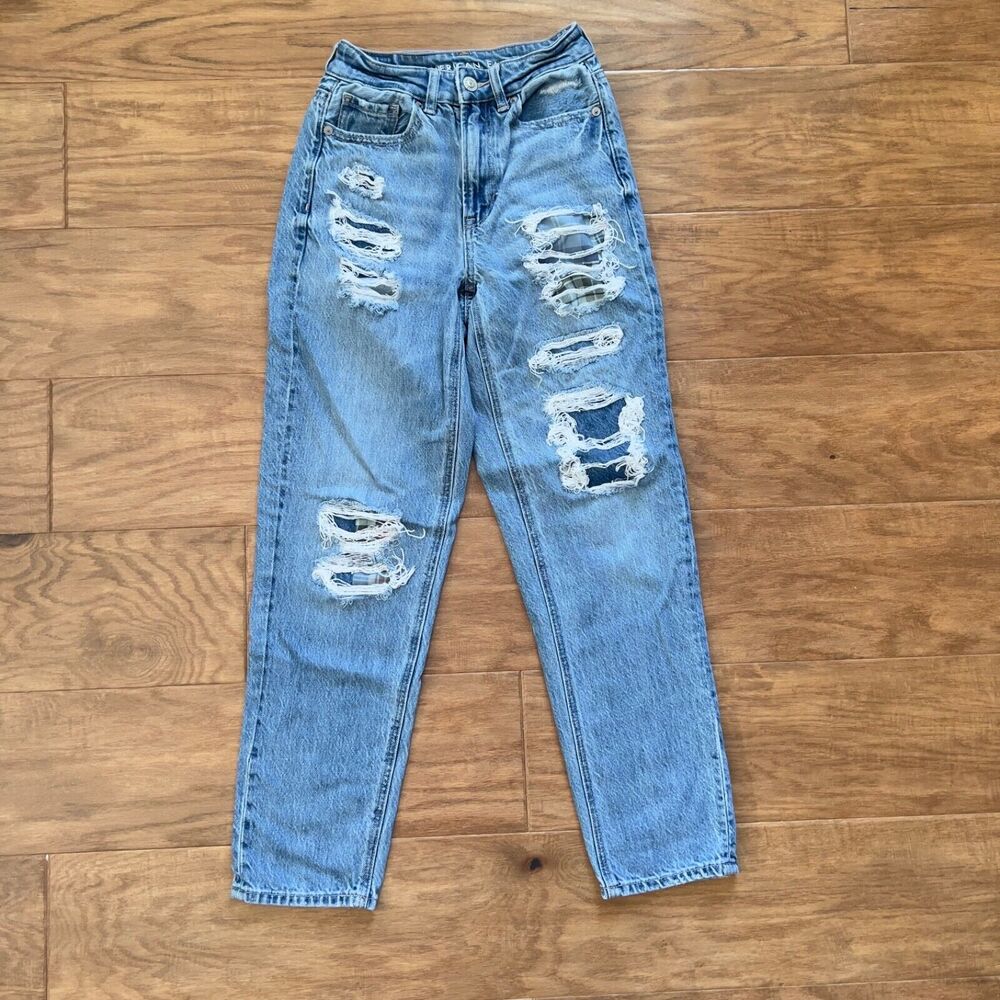 As Is American Eagle Jeans Size 00 Mom Straight Plaid Patch Distressed Destroyed
